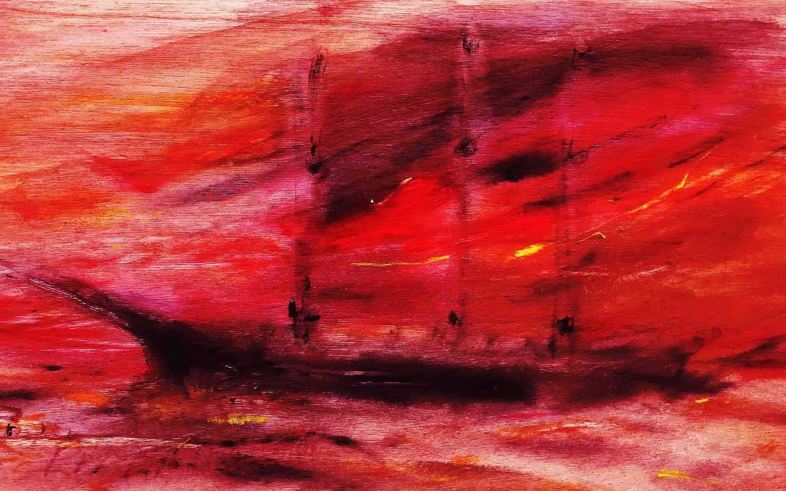 Abstract schilderij met verschillende tinten rood en zwart.